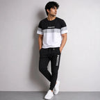 Men Printed Track Suit Black White Slim Fit 2Pcs
