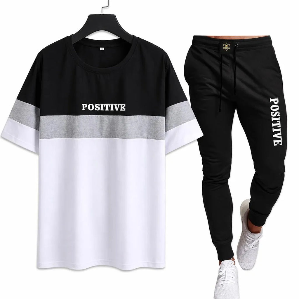 Men Printed Track Suit Black White Slim Fit 2Pcs