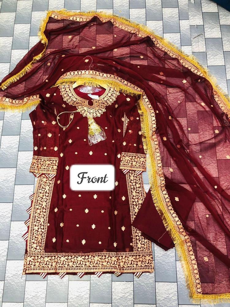 3 Pcs Women’s Stitched Crinkle Chiffon Embroidered Suit
