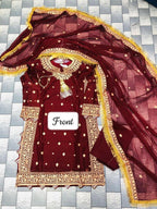 3 Pcs Women’s Stitched Crinkle Chiffon Embroidered Suit