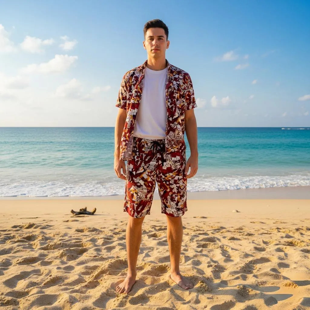 Men's Printed Dhanak Tracksuit Multicolor Shorts Set