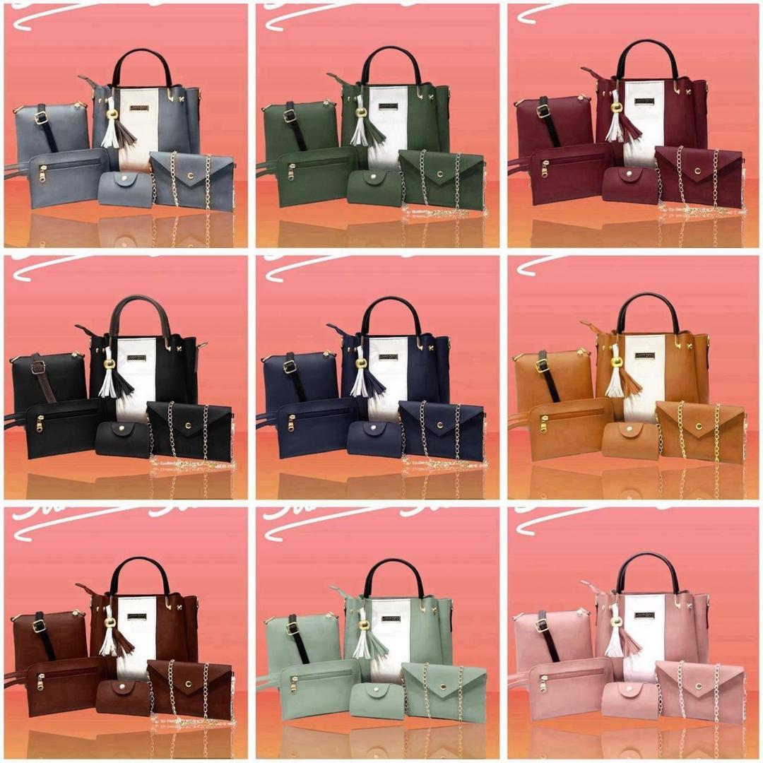 Women's Pink Rexine Handbag Set 5 Pcs