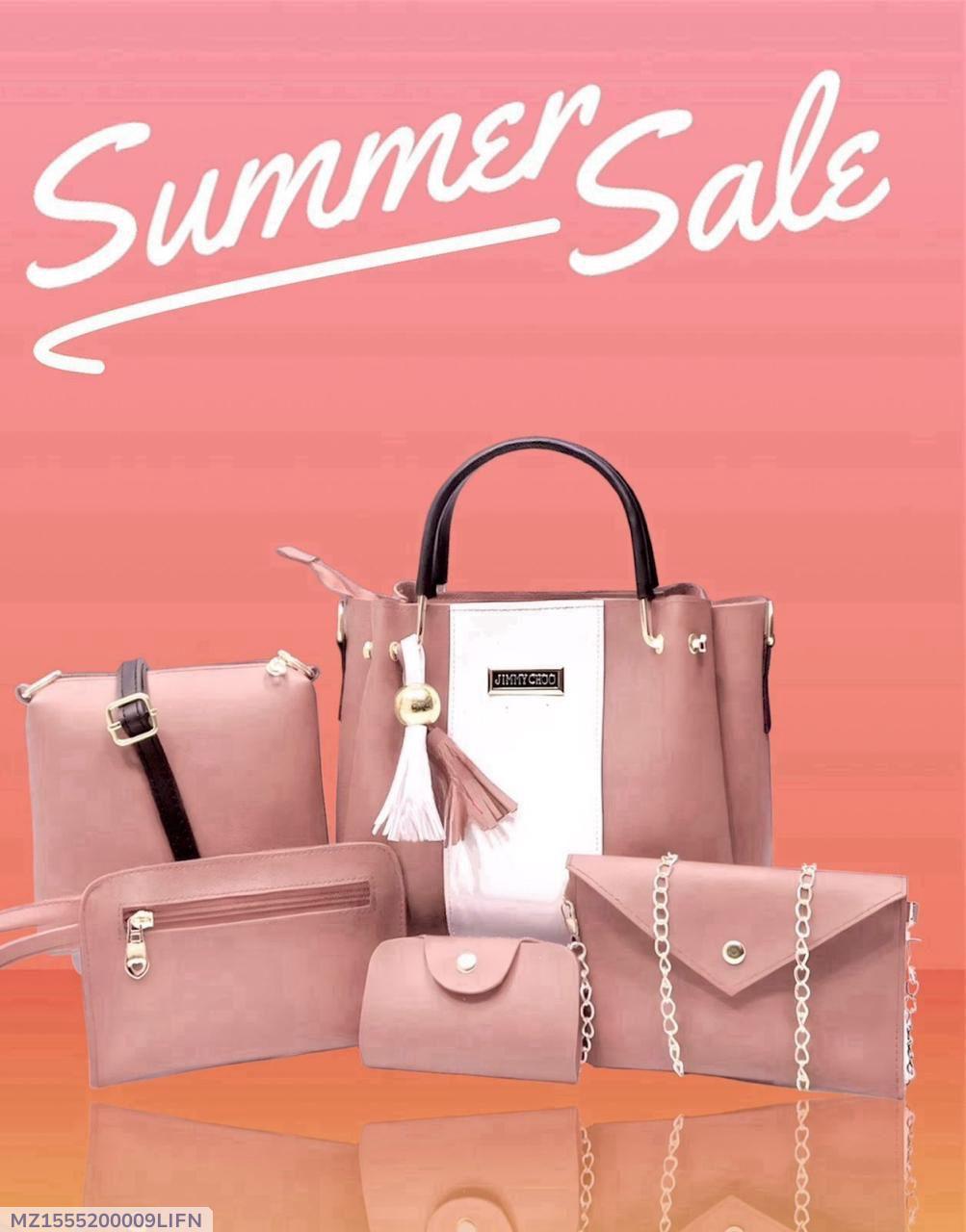Women's Pink Rexine Handbag Set 5 Pcs