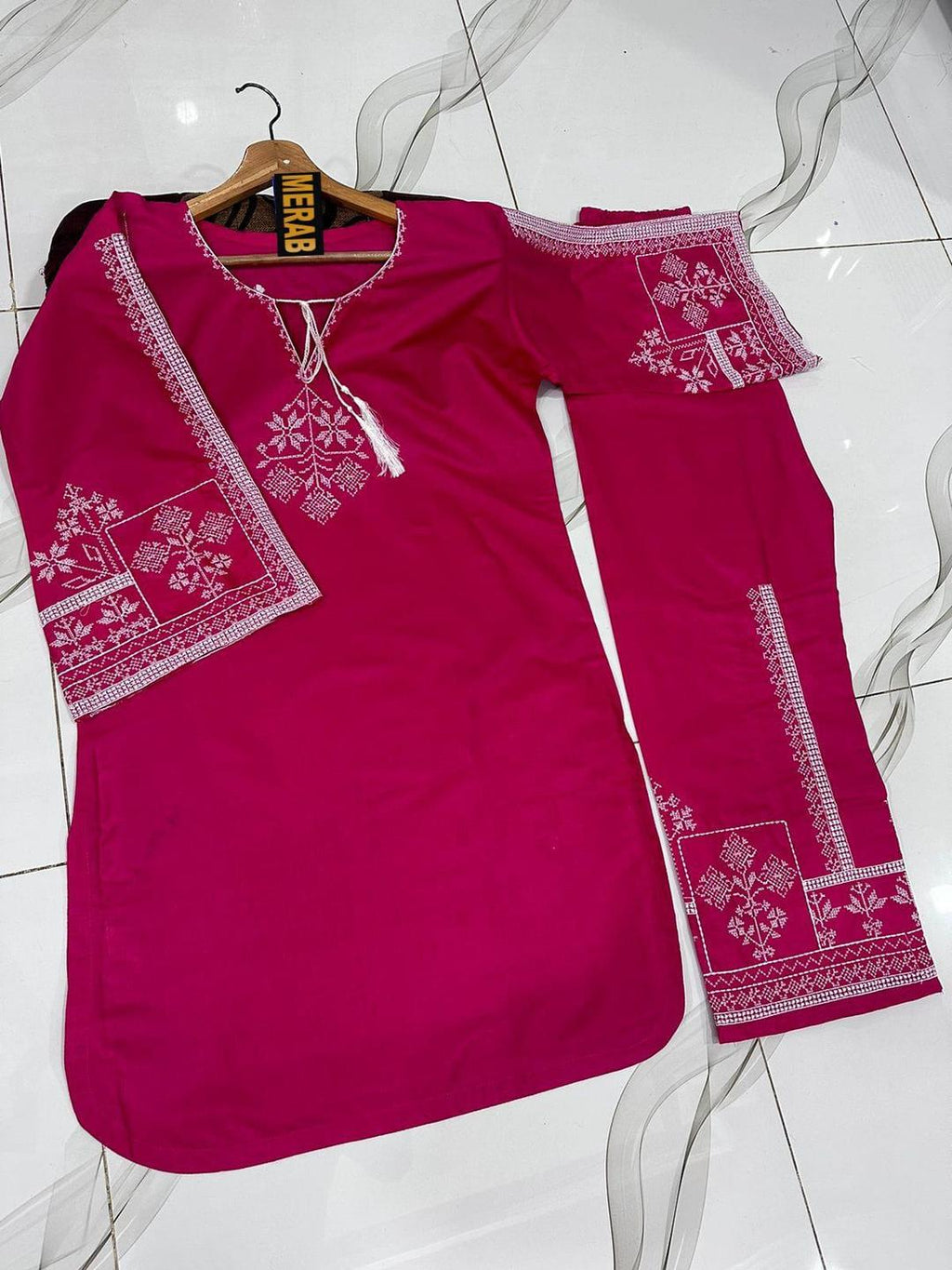 Pink Aari Embroidered Shirt 2Pcs Set