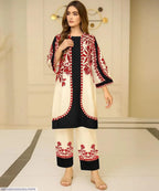 Digital Printed Cord Set 2Pcs Cream Black Kurta Set