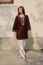 Embroidered Neckline Piping Work Shirt with Flapper 2Pcs Brown
