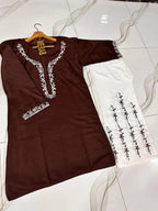 Embroidered Neckline Piping Work Shirt with Flapper 2Pcs Brown