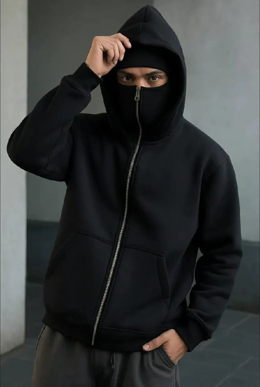 Men Black Fleece Balaclava Hoodie Medium to XL