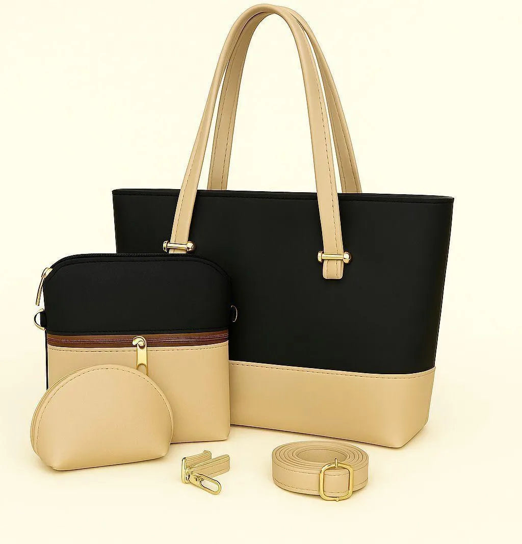 Women's 3-Piece Leather Shoulder Bag Set Black Beige