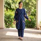 Blue Linen Floral Embroidered 2-Piece Set for Women