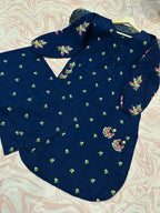 Blue Linen Floral Embroidered 2-Piece Set for Women