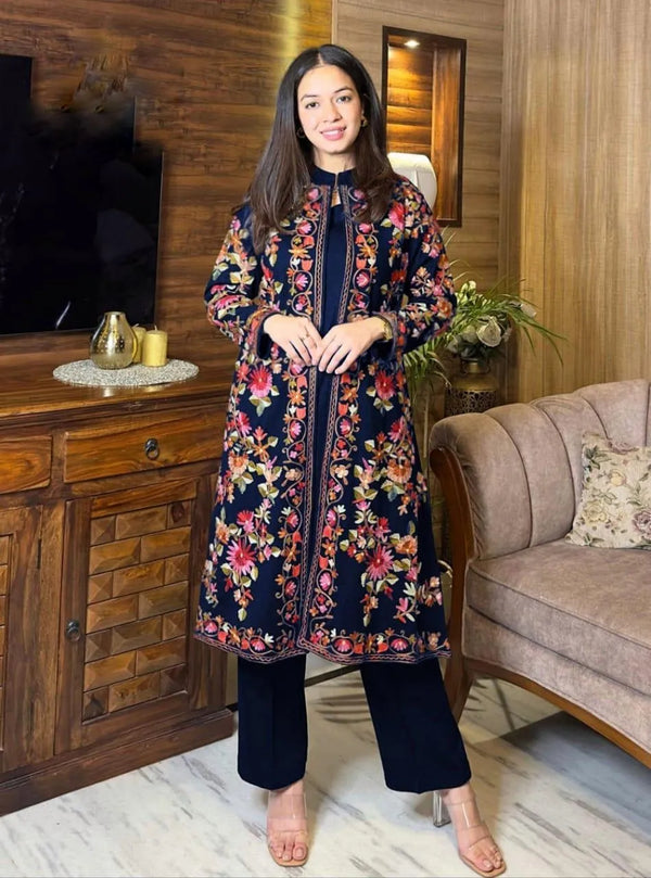 Blue Embroidered Shamoz Silk Gown & Trouser Set
