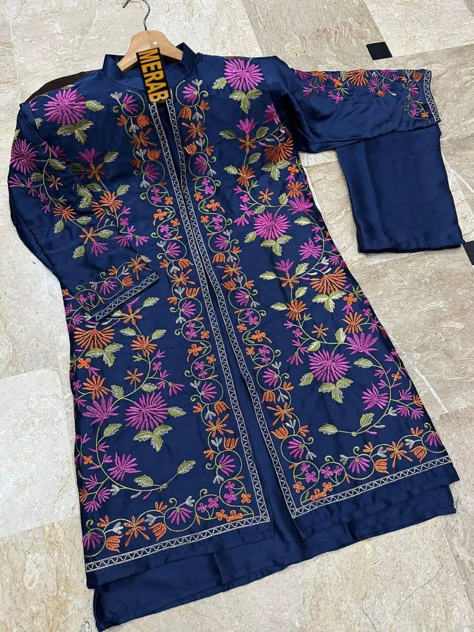 Blue Embroidered Shamoz Silk Gown & Trouser Set