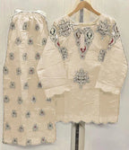 Cotton Embroidered Shirt & Flapper Set Cream 2Pcs