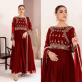 Red Velvet Maxi Set with Embroidery & Lace Dupatta