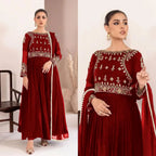 Red Velvet Maxi Set with Embroidery & Lace Dupatta