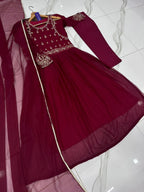 Red Velvet Maxi Set with Embroidery & Lace Dupatta