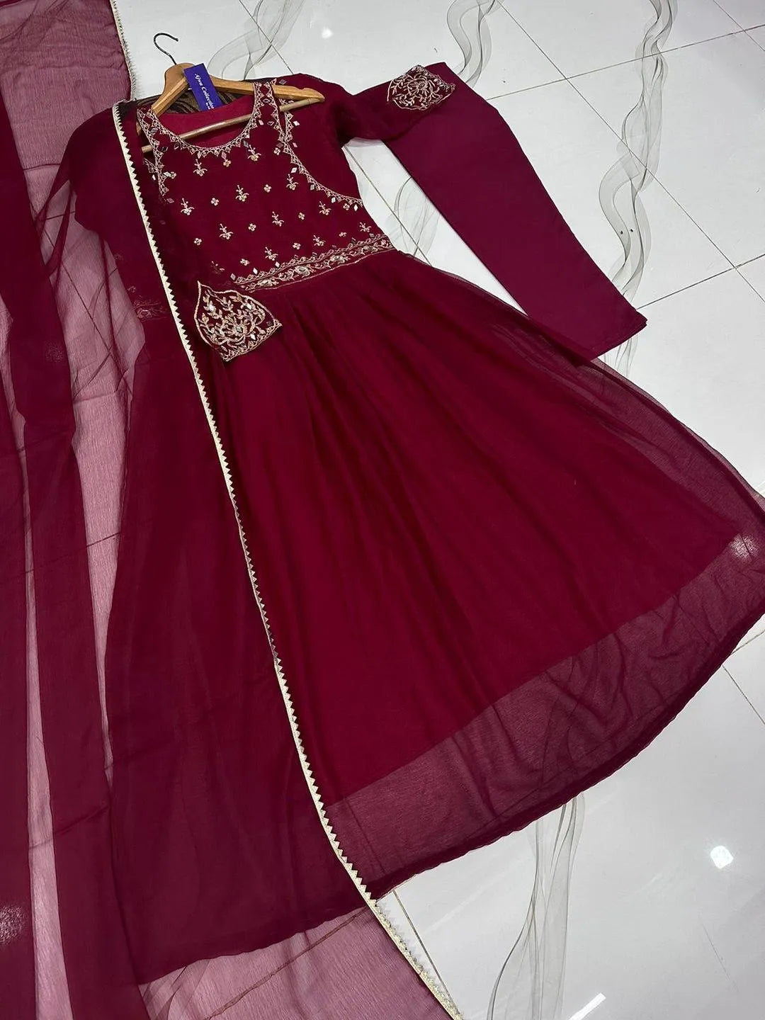 Red Velvet Maxi Set with Embroidery & Lace Dupatta