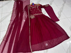 Red Velvet Maxi Set with Embroidery & Lace Dupatta