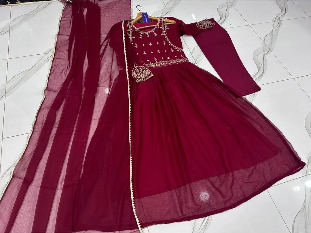 Red Velvet Maxi Set with Embroidery & Lace Dupatta
