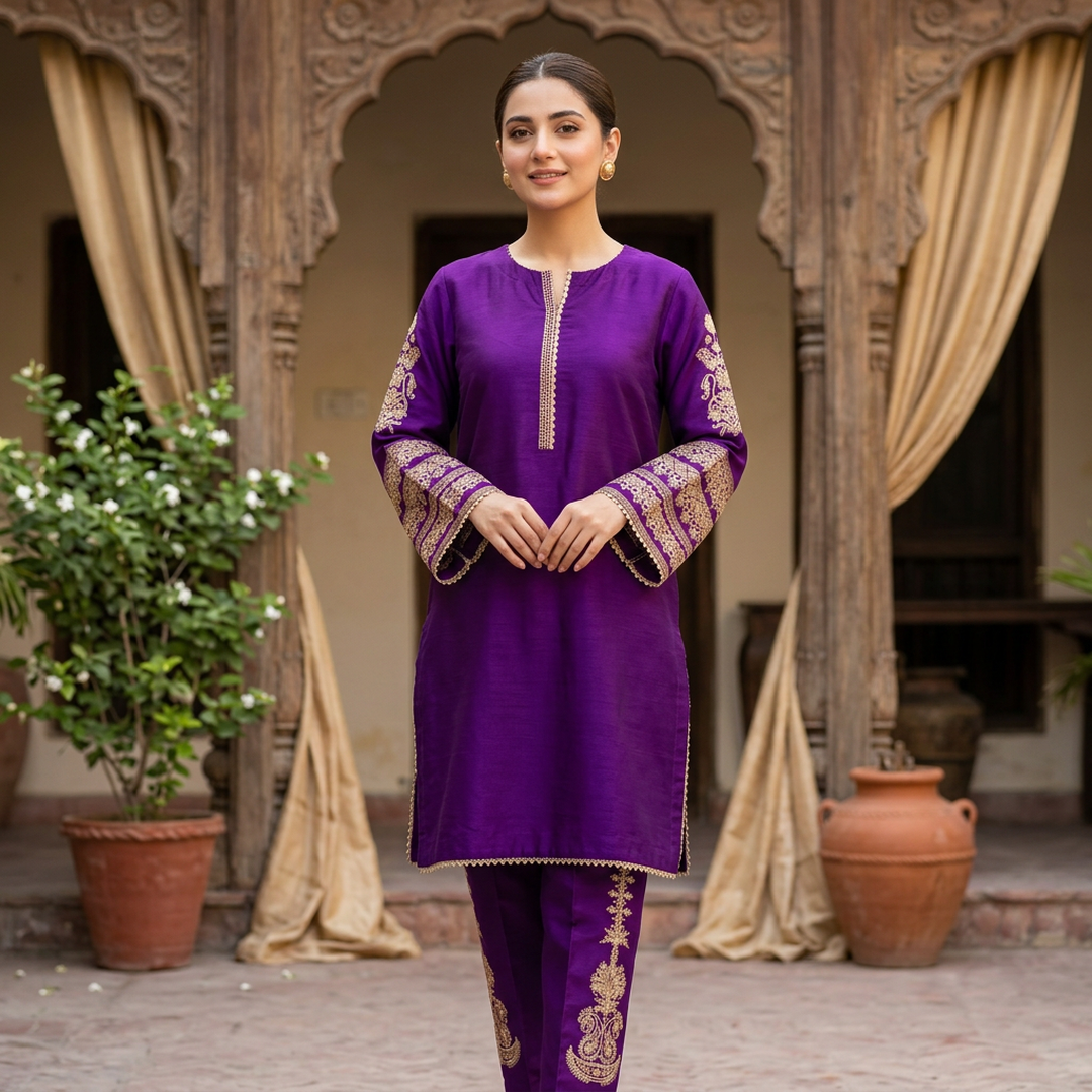 Purple Shamoz Silk 2-Piece Embroidered Set for Women