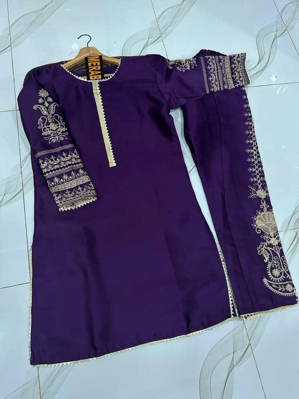 Purple Shamoz Silk 2-Piece Embroidered Set for Women