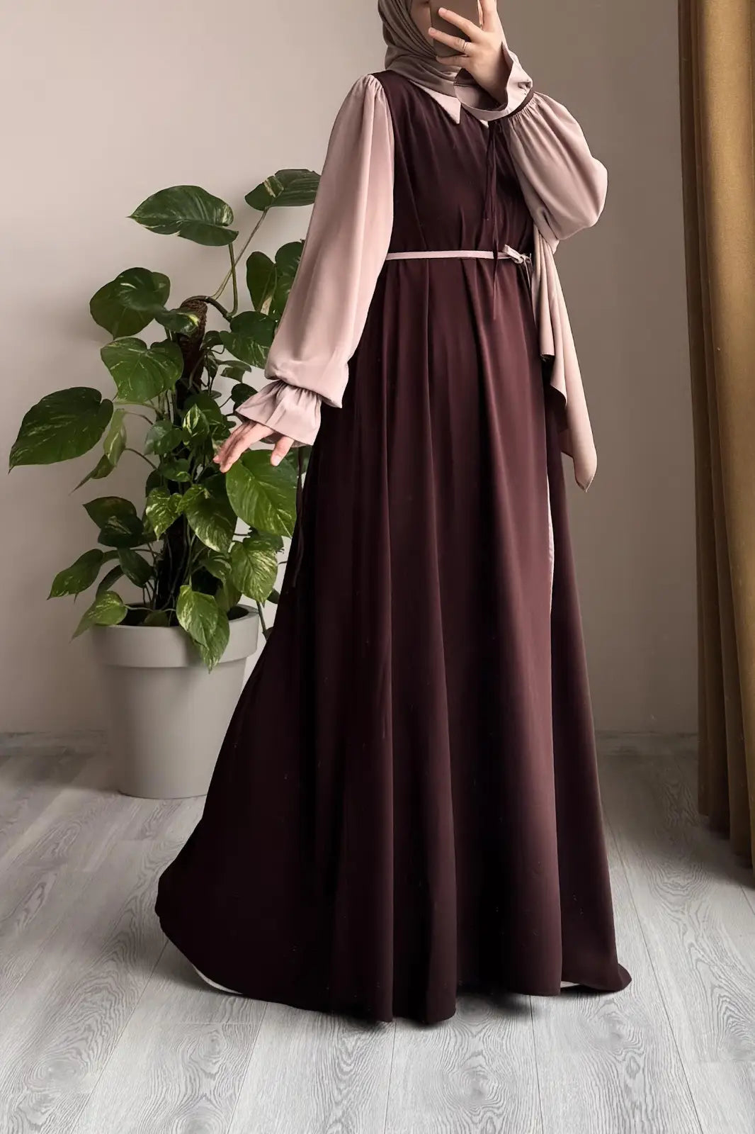 Collar Abaya with Belt and Matching Stroller | Original Wool Peach Fabric | Front Open Stylish Abaya for Women | Soft Premium Abaya