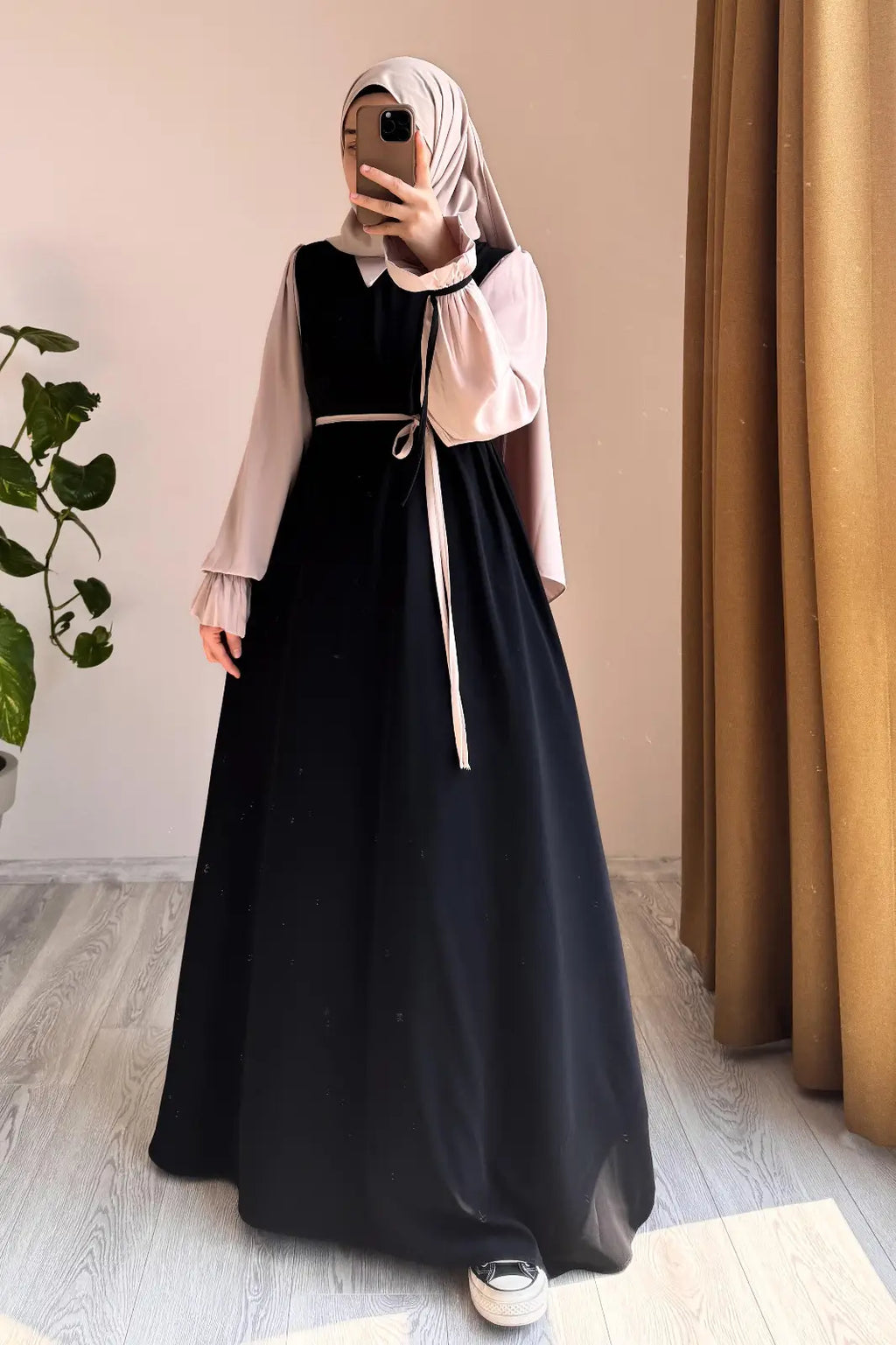Collar Abaya with Belt and Matching Stroller | Original Wool Peach Fabric | Front Open Stylish Abaya for Women | Soft Premium Abaya