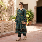 Pakistani Printed Kurta Set Green Embroidered