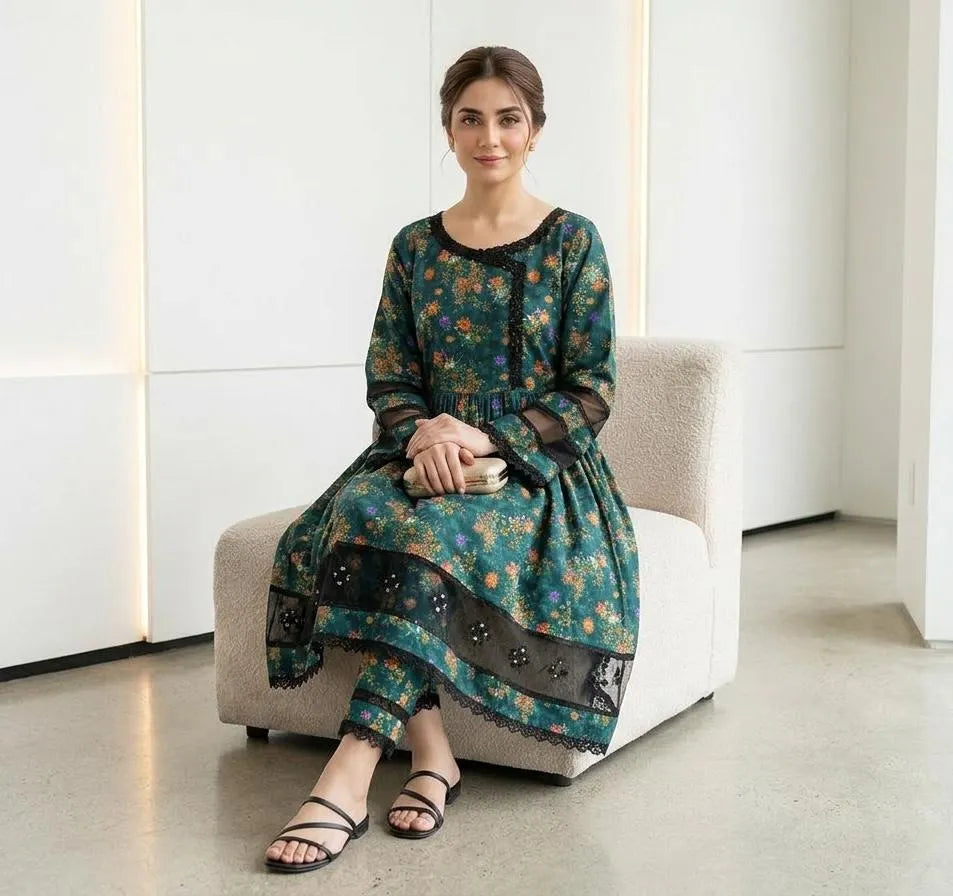 Pakistani Printed Kurta Set Green Embroidered