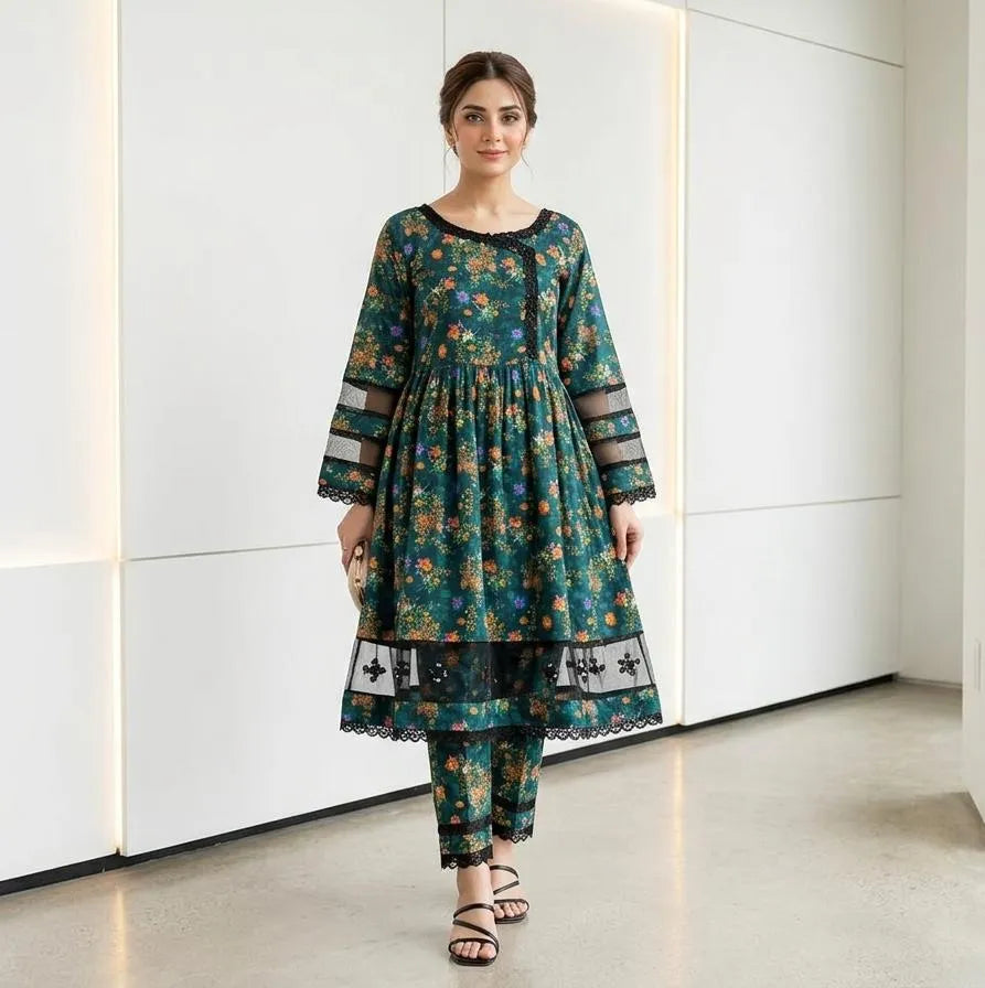 Pakistani Printed Kurta Set Green Embroidered