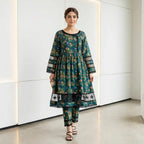 Pakistani Printed Kurta Set Green Embroidered
