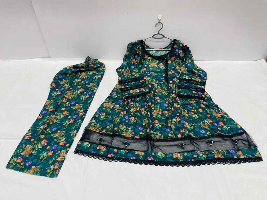 Pakistani Printed Kurta Set Green Embroidered