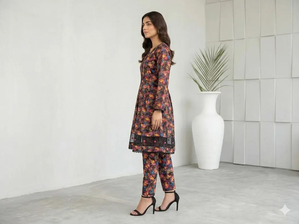Multicolor Lawn Printed 2Pcs Frock Trouser Set