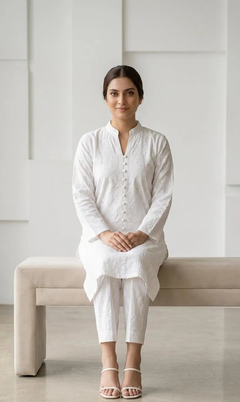 White Embroidered Kurta Set for Women