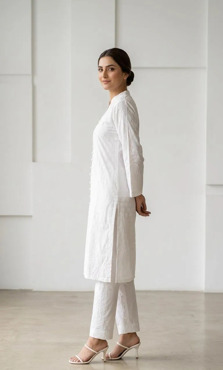 White Embroidered Kurta Set for Women