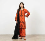 Orange Printed Kurta Set with Black Scarf