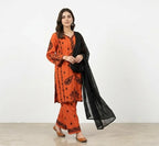 Orange Printed Kurta Set with Black Scarf