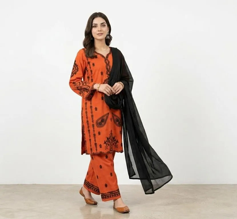 Orange Printed Kurta Set with Black Scarf