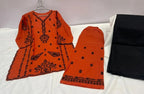 Orange Printed Kurta Set with Black Scarf