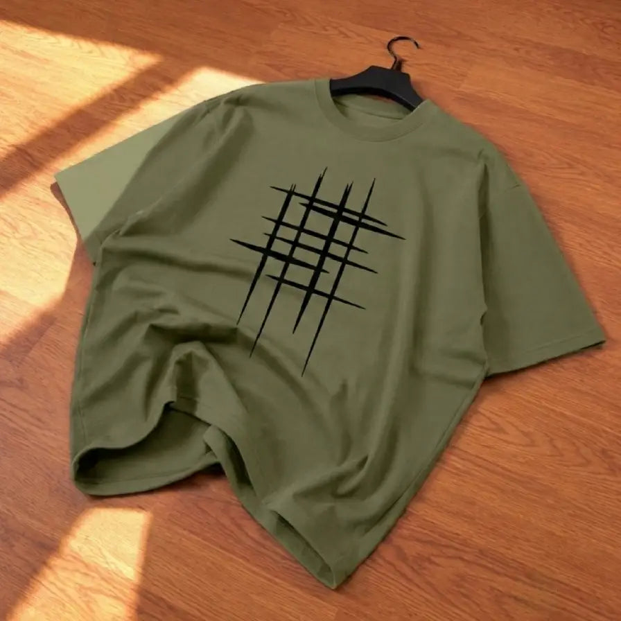 Stylish Olive Green Abstract Print Drop Shoulder T-Shirt | Oversized PC Fabric Tee