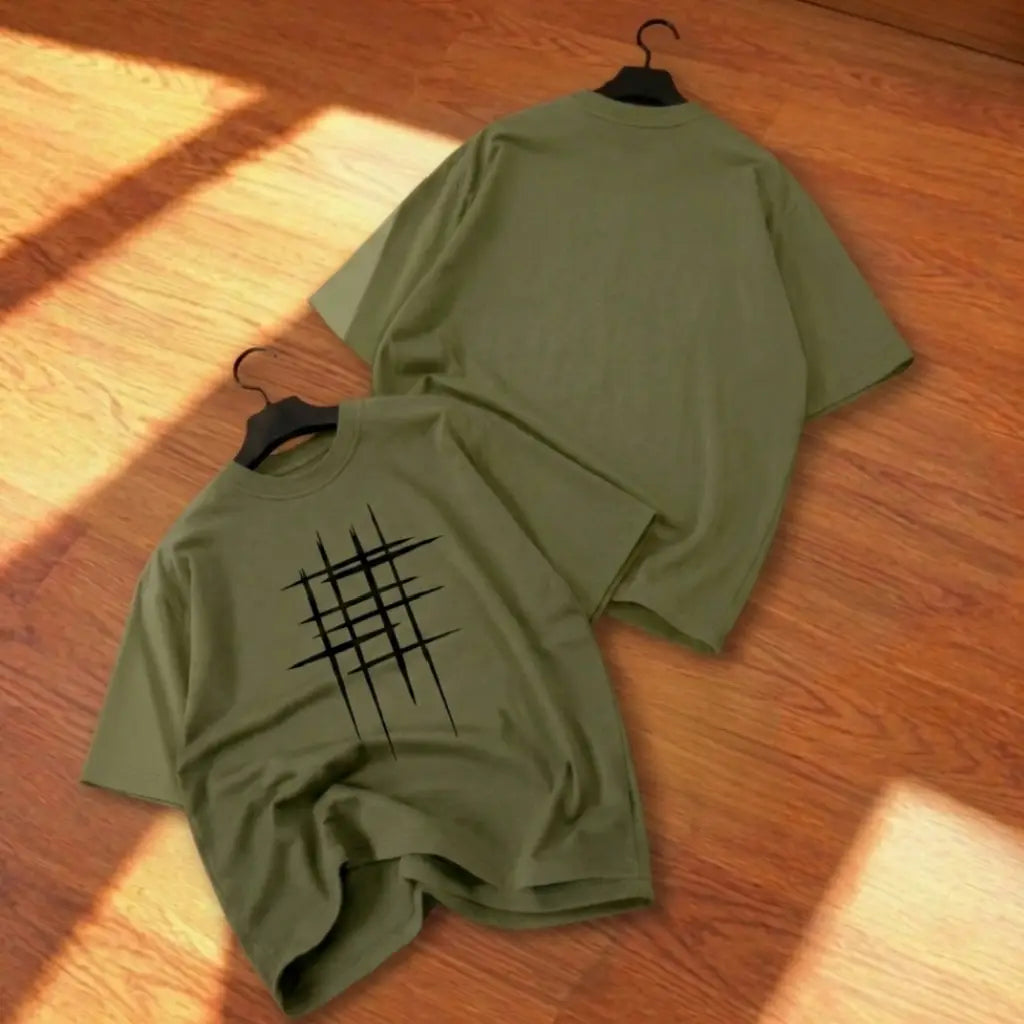 Stylish Olive Green Abstract Print Drop Shoulder T-Shirt | Oversized PC Fabric Tee