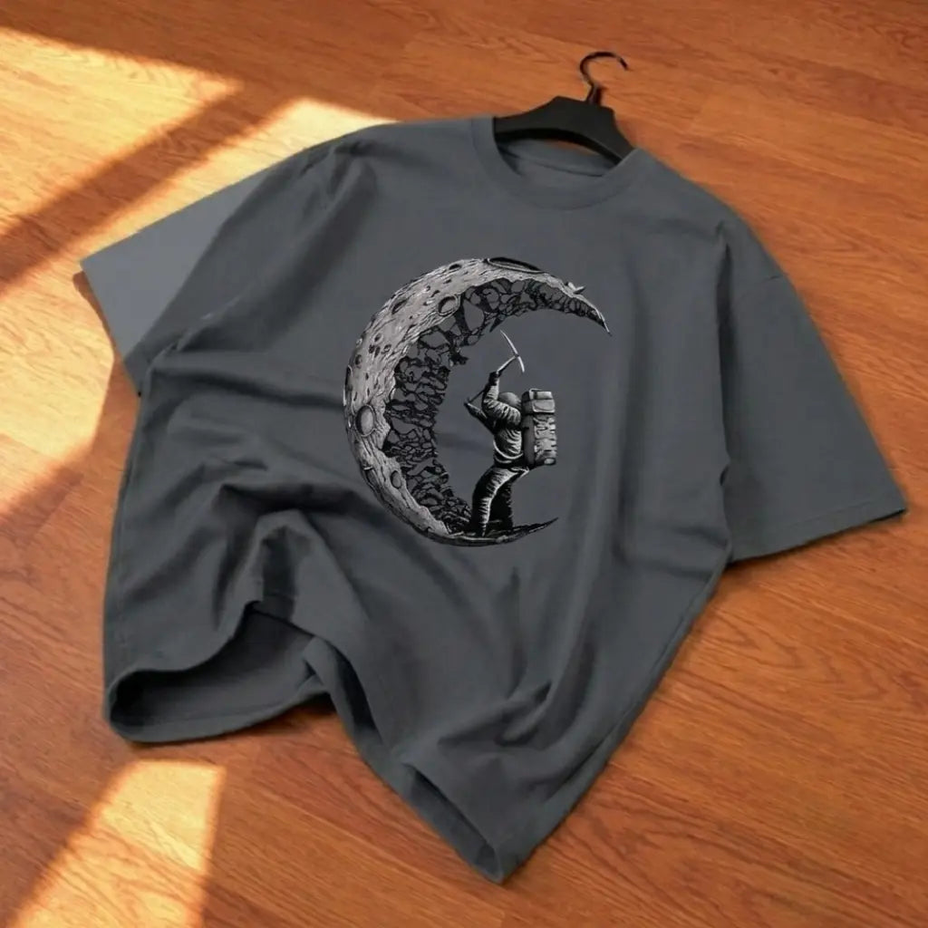 Premium Astronaut Graphic Drop Shoulder T-Shirt - Grey Oversized PC Fabric Tee