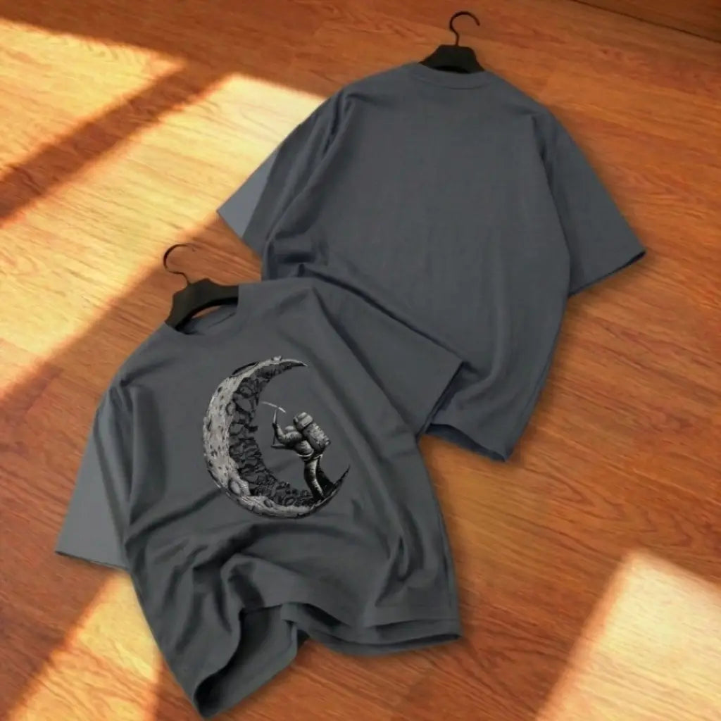 Premium Astronaut Graphic Drop Shoulder T-Shirt - Grey Oversized PC Fabric Tee