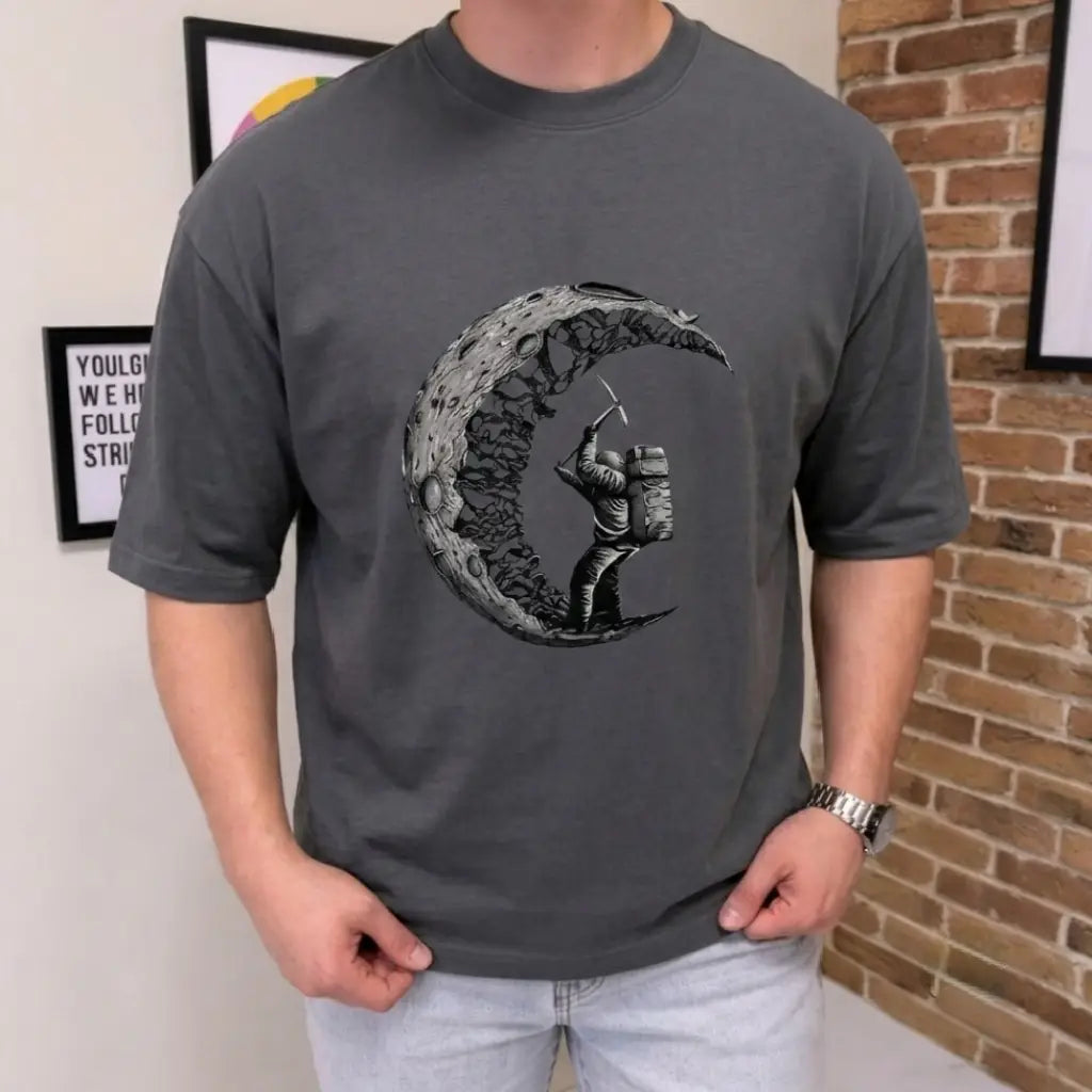 Premium Astronaut Graphic Drop Shoulder T-Shirt - Grey Oversized PC Fabric Tee