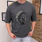 Premium Astronaut Graphic Drop Shoulder T-Shirt - Grey Oversized PC Fabric Tee