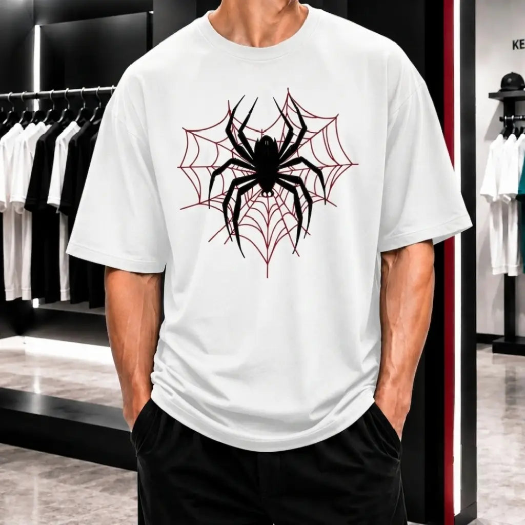 Premium Spider Web Graphic Drop Shoulder White T-Shirt - Oversized PC Fabric Tee
