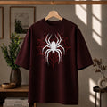 Premium Spider Web Graphic Drop Shoulder Maroon T-Shirt - Oversized PC Fabric Tee