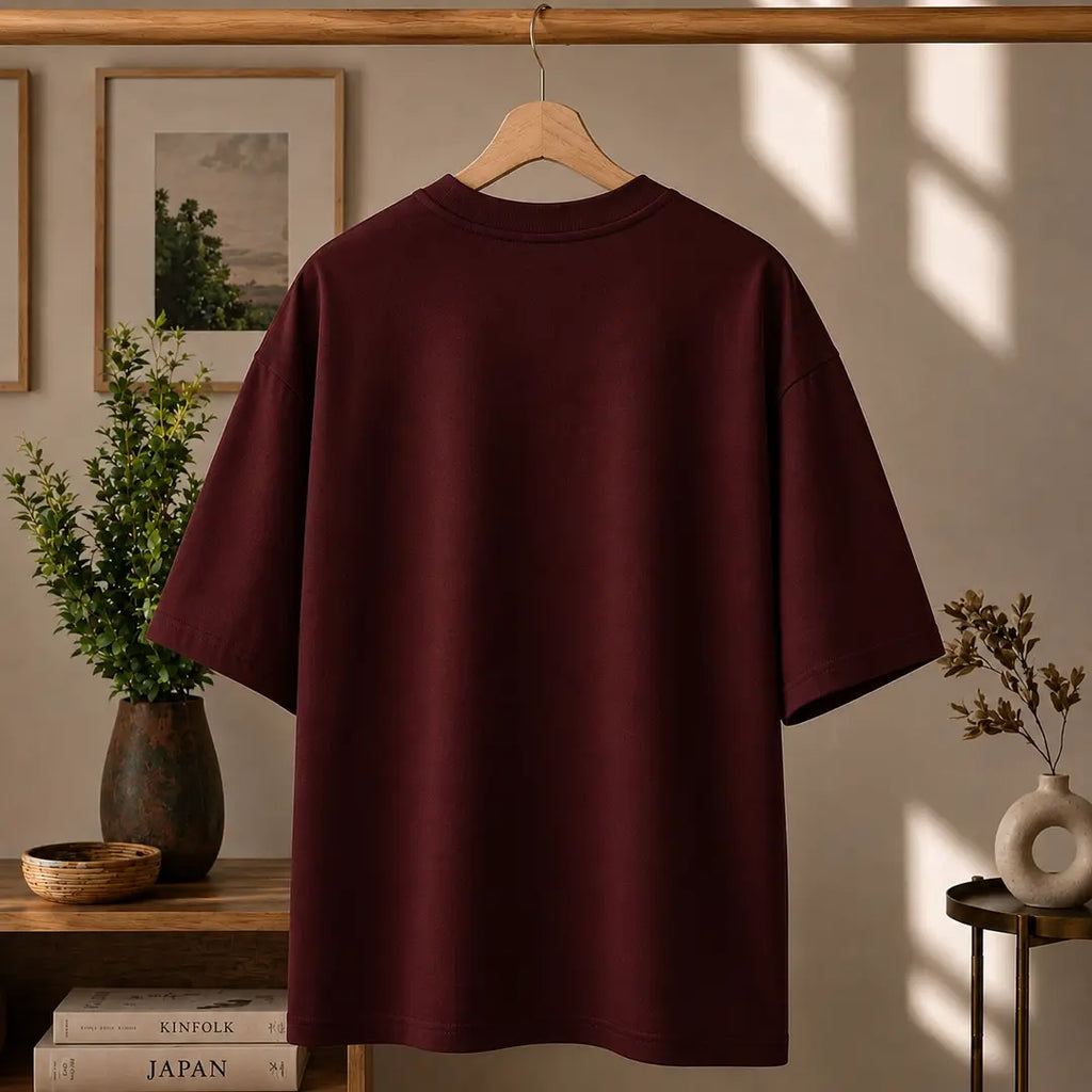 Premium Spider Web Graphic Drop Shoulder Maroon T-Shirt - Oversized PC Fabric Tee