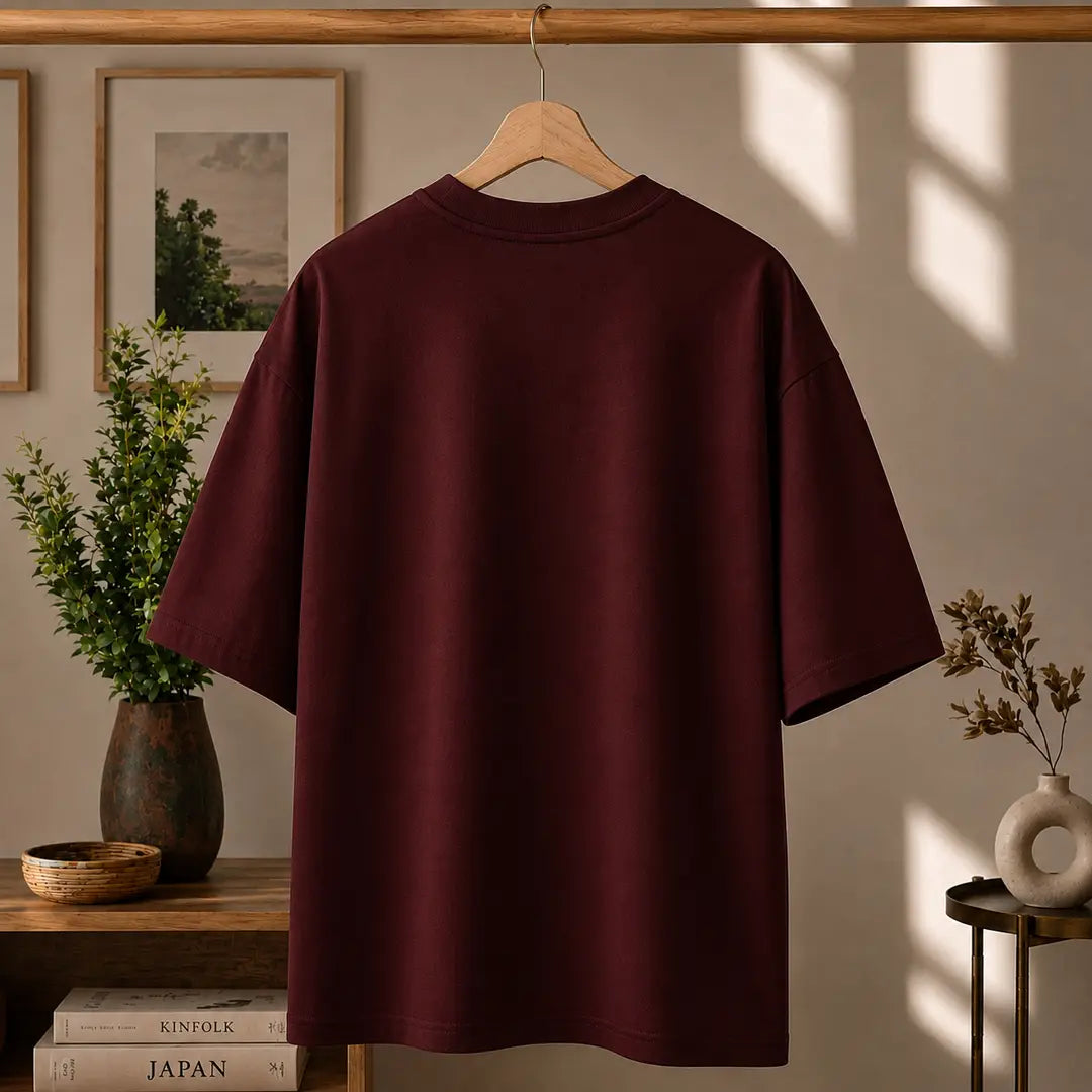 Premium Spider Web Graphic Drop Shoulder Maroon T-Shirt - Oversized PC Fabric Tee